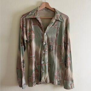Vintage 70’s Button-Up Disco Shirt in Sage and Blush Birds in the Trees